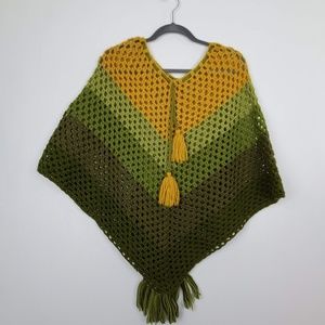 Vintage fall colored green and gold crochet poncho